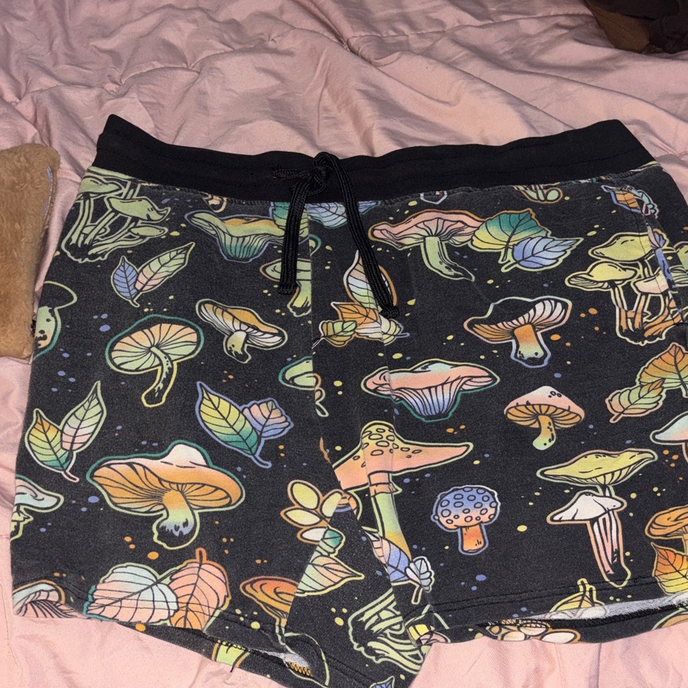 No Boundaries Black Athletic Shorts with Colorful Mushroom Print